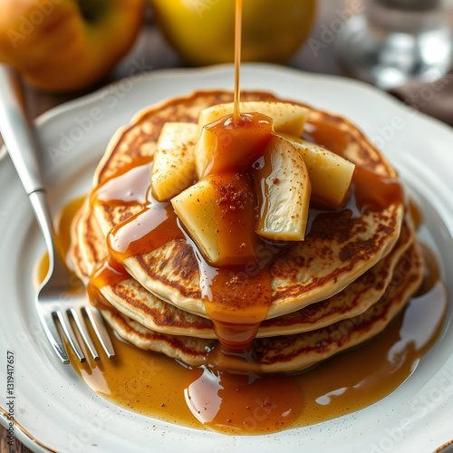 Stack of pancakes with apple and cinnamon sauce