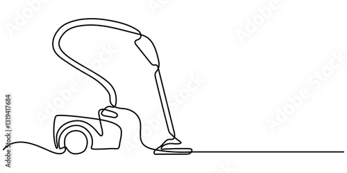 Vacuum cleaner continuous line drawing. One line art of home appliance, cleaning, apartment cleaning, smart technology, hoover, continuous one line drawing, vacuum cleaner drawing by one continuous. 
