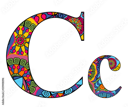 Vector image letter of the English alphabet with colorful vintage hand drawn pattern isolated on transparent background