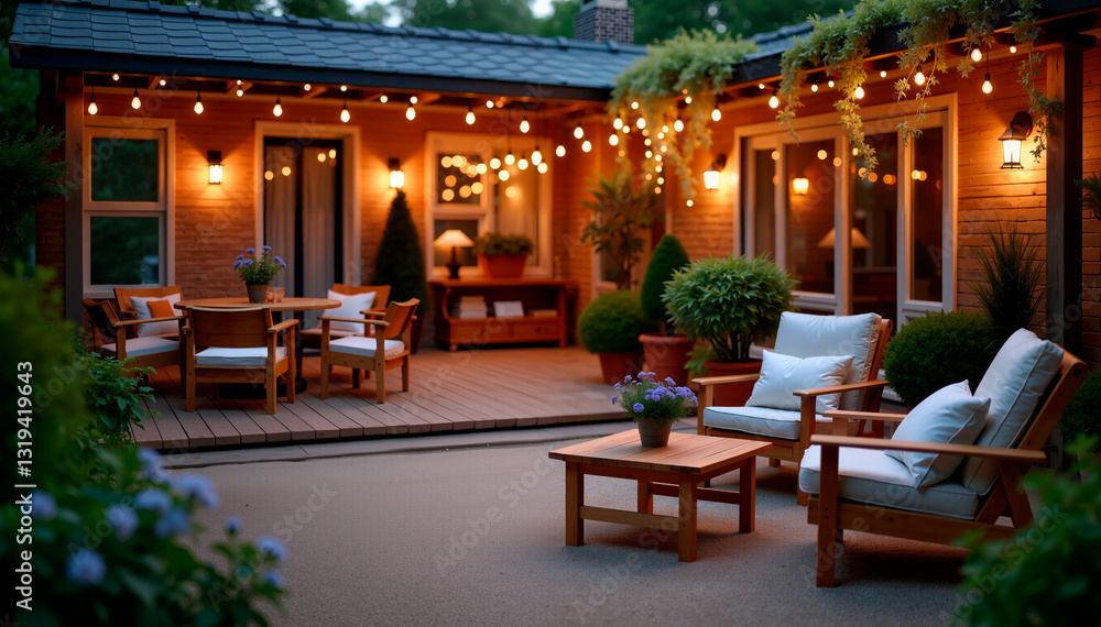 Fototapeta premium Cozy Night Patio with String Lights and Warm Furniture