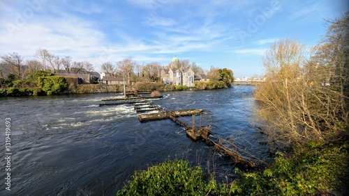 Obraz na płótnie Beautiful scene with historical buildings on shore of Corrib river at Galway city, Ireland, architecture and landmarks, nature background w salonie