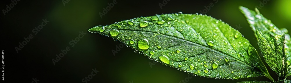 A leaf with water droplets on it A leaf with water droplets on it