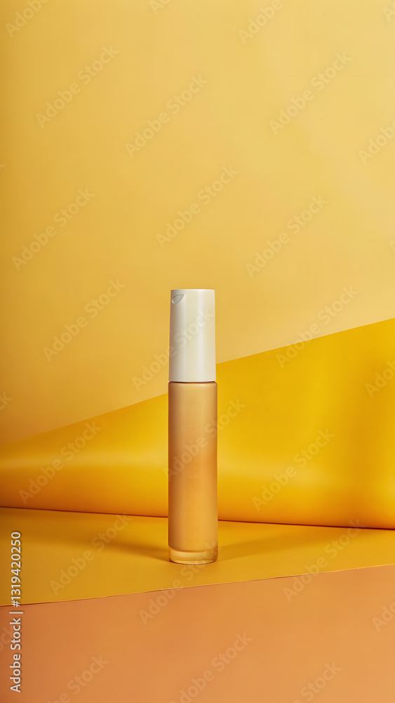 sleek minimalist bottle crafted from glass, set against vibrant yellow backdrop sleek minimalist bottle crafted from glass, set against vibrant yellow backdrop