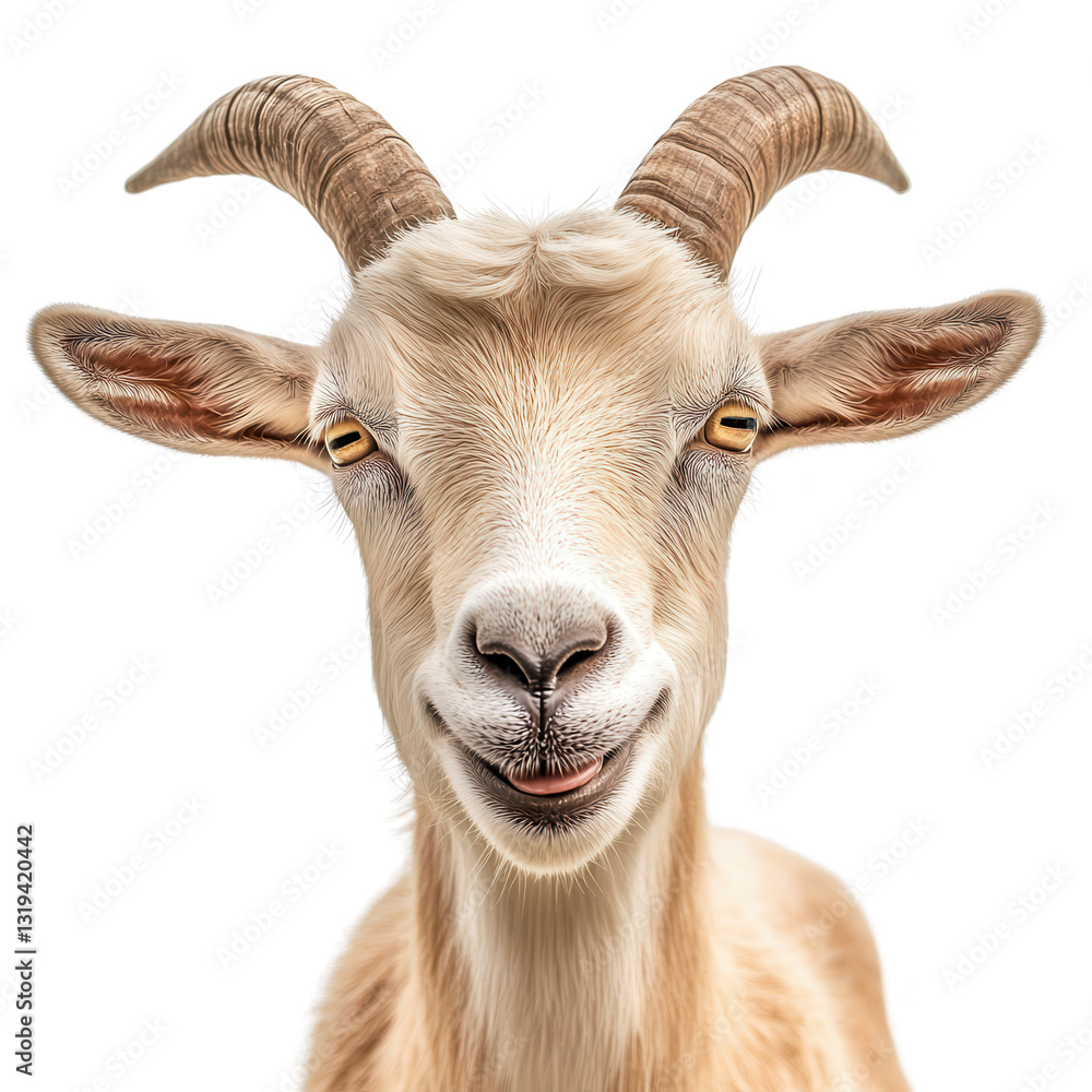 Goat's Grin: A charming portrait of a goat displaying a silly, almost human-like expression with its tongue out, captured in sharp detail and lively color, creating a humorous and endearing image. Goat's Grin: A charming portrait of a goat displaying a silly, almost human-like expression with its tongue out, captured in sharp detail and lively color, creating a humorous and endearing image.