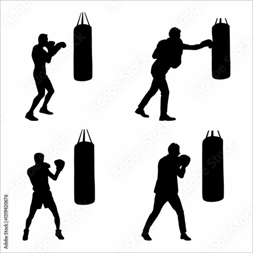collection of silhouettes of boxers and a punching bag
