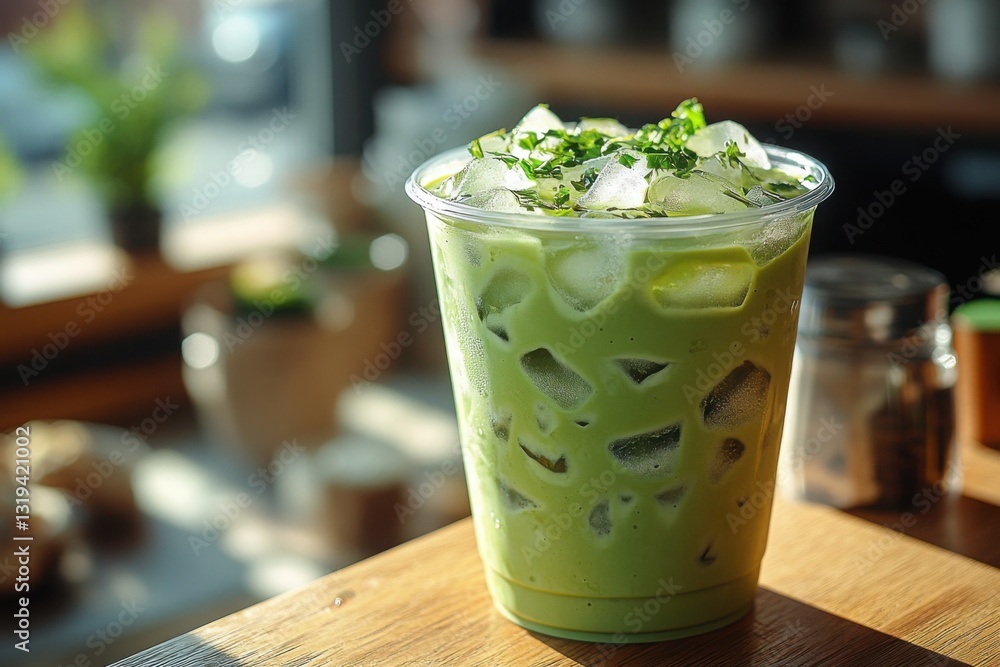 Iced green matcha drink: A refreshing and vibrant beverage with a hint of herbs perfect for a summer day Iced green matcha drink: A refreshing and vibrant beverage with a hint of herbs perfect for a summer day