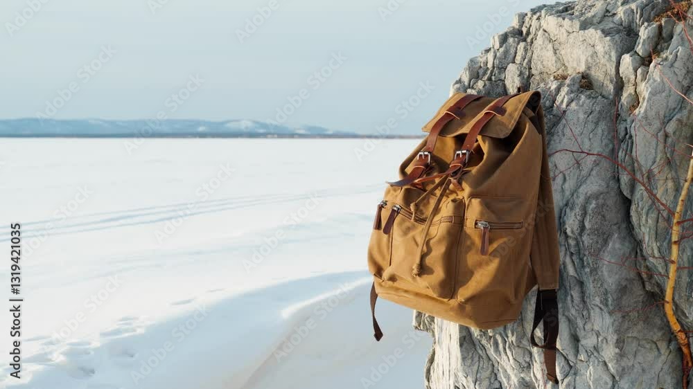 A hiking backpack is hanging on a rock on the shore of a frozen lake. The concept of hiking, tourism and outdoor recreation. Healthy lifestyle.