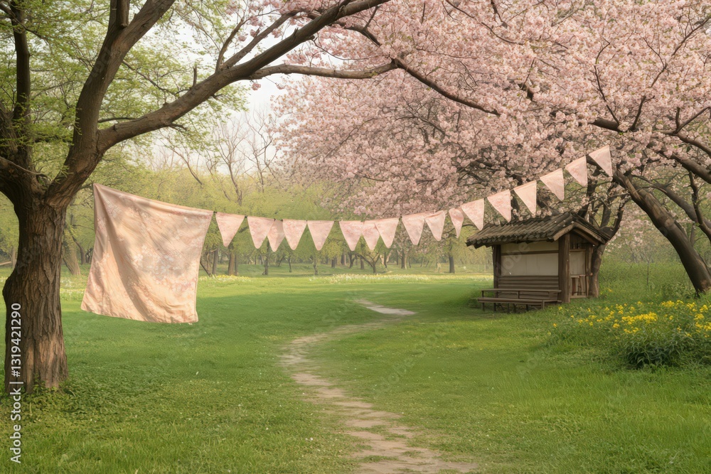Serene Spring Park with Cherry Blossoms and Traditional Structure Serene Spring Park with Cherry Blossoms and Traditional Structure