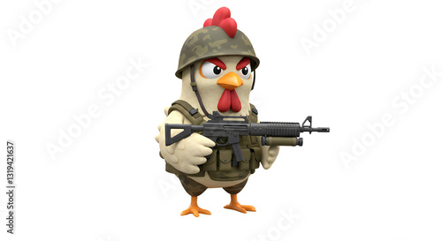 Cartoon Chicken Character Holding Toy Gun and Wearing Military Gear