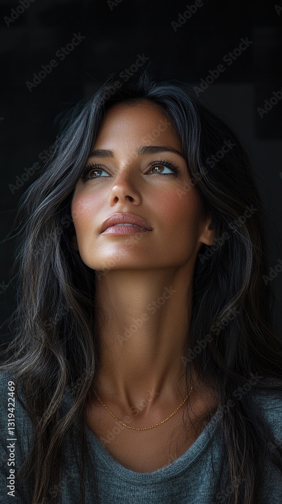A woman with long black hair and a necklace is looking at the camera A woman with long black hair and a necklace is looking at the camera