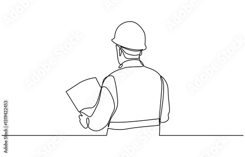 Continuous line drawing of cunstruction worker with blue print paper, Building Construction worker in continuous One line drawing.  Trendy continuous line draw design graphic vector illustration.