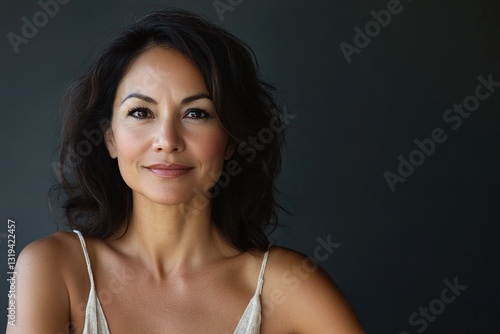 A woman with long hair and a white tank top is smiling