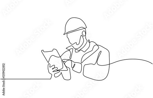Continuous line drawing of cunstruction worker with blue print paper, Building Construction worker in continuous One line drawing.  Trendy continuous line draw design graphic vector illustration.