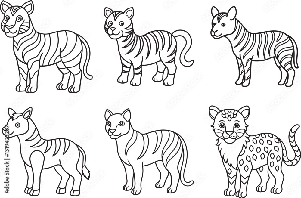 Obraz premium Simple Black and White Tiger Vector Set – Wild Tiger Illustrations, Roaring Tiger Clipart, Big Cat Silhouettes, Jungle Wildlife Line Art for Design.