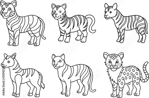Simple Black and White Tiger Vector Set – Wild Tiger Illustrations, Roaring Tiger Clipart, Big Cat Silhouettes, Jungle Wildlife Line Art for Design.