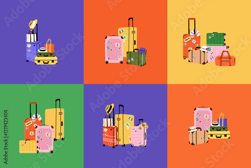 Luggage with stickers. Travel suitcase, journey baggage, handbag of passenger, bags and case, bright colorful traveling accessory. Doodle minimal trendy vector cartoon flat style isolated illustration