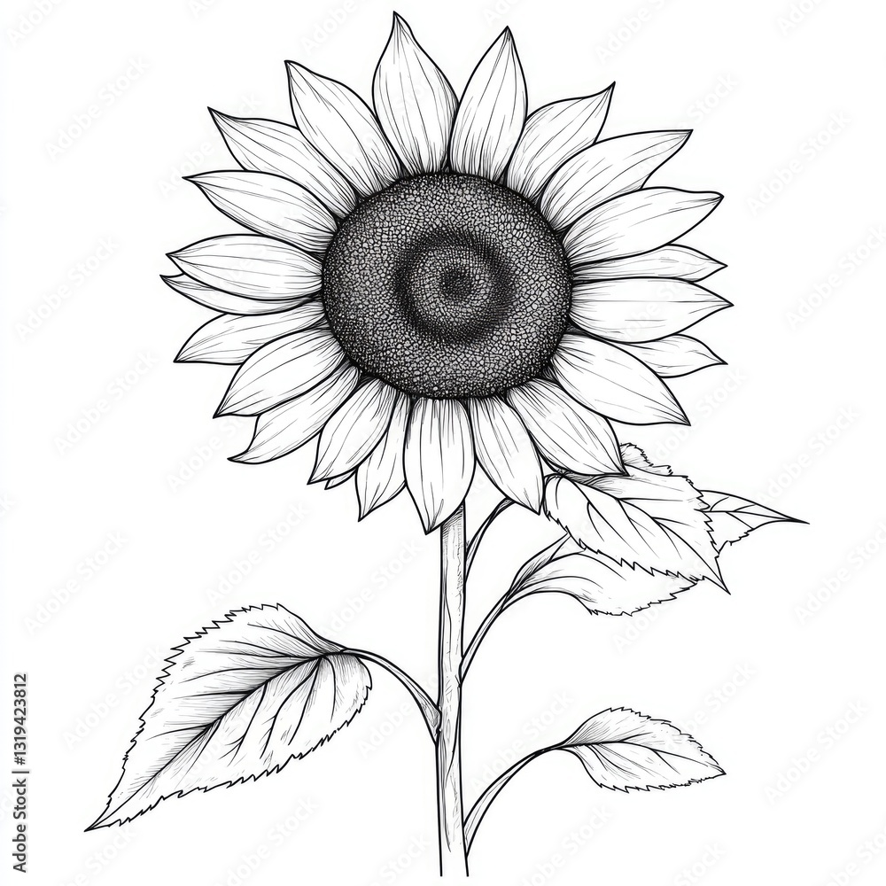 Fototapeta premium Hand-Drawn Outline of a Sunflower. Elegant Floral Art with Beautiful Botanical Elements