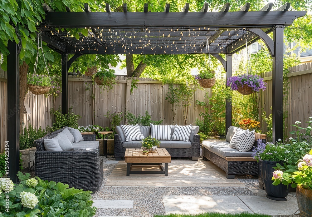 Cozy outdoor patio space with stylish furniture, lush greenery, twinkling lights, and colorful flower arrangements in a serene garden setting