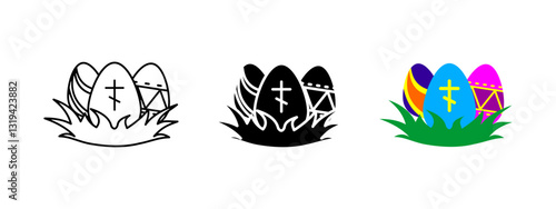 Easter egg icon. Set of decorated eggs with a cross in the grass vector illustration. Christian holiday celebration symbol. Religious Easter traditions and festive decorations sign.