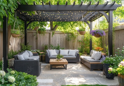 Obraz na płótnie Cozy outdoor patio space with stylish furniture, lush greenery, twinkling lights, and colorful flower arrangements in a serene garden setting w salonie
