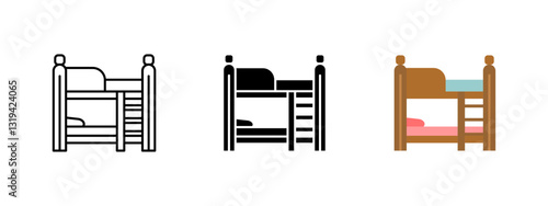Bunk bed icon. Double-layer wooden bed with ladder vector illustration. Furniture for dormitory, hostel, or kids' room symbol. Space-saving sleeping arrangement concept.