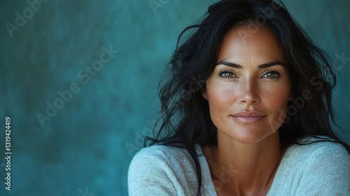 A woman with long black hair and a white shirt is smiling