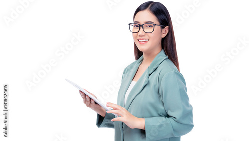 Smiling Confident young Business woman wear glasses holds tablet Modern and professional theme, making it ideal for business, technology and education related concepts.
