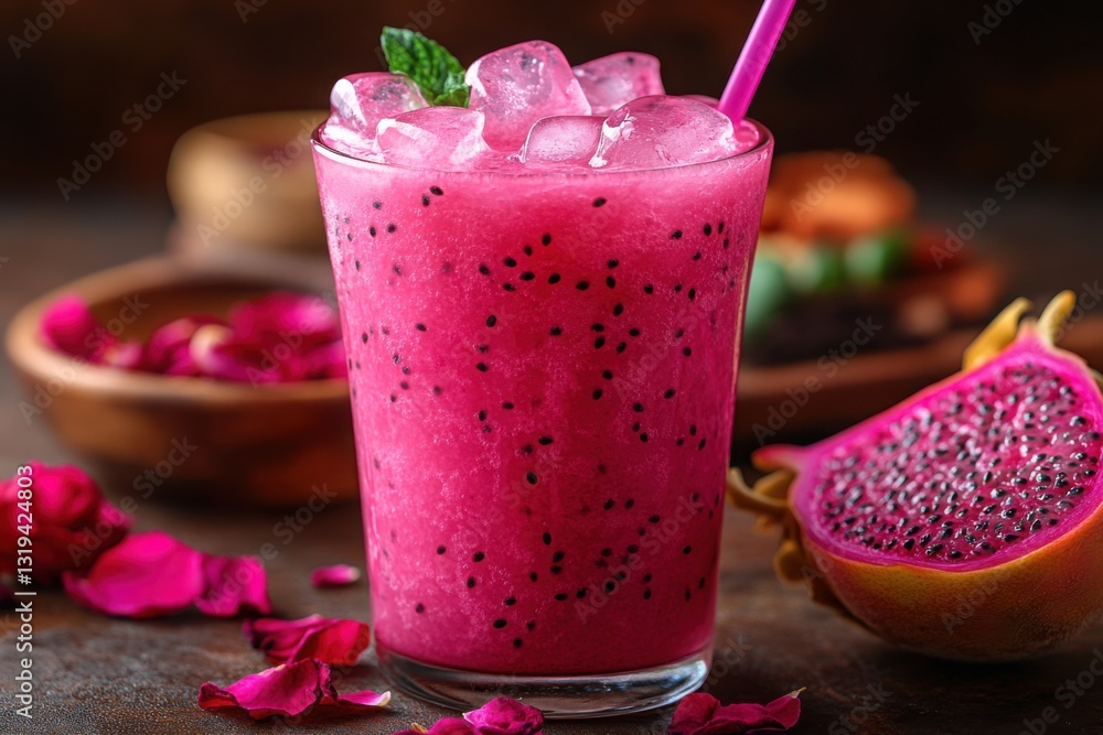 Refreshing dragon fruit smoothie with ice served in a glass with straw and mint garnish next to half a dragon fruit Refreshing dragon fruit smoothie with ice served in a glass with straw and mint garnish next to half a dragon fruit