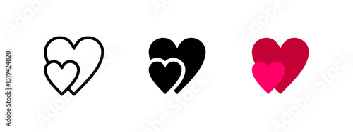 Love hearts icon. Two overlapping hearts vector illustration. Romantic relationship symbol. Passion, affection, and togetherness pictogram. Valentine's Day and love concept.