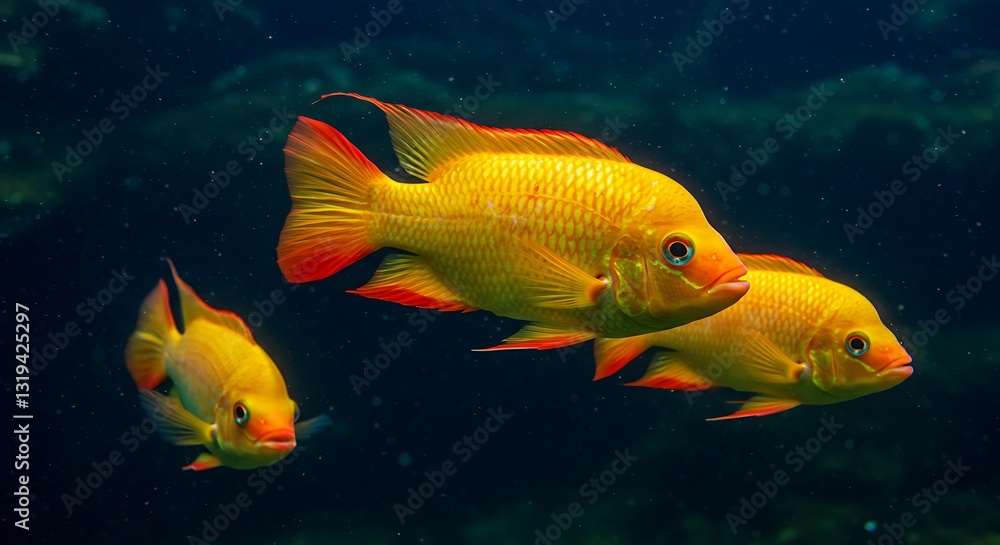 Three vibrant golden fish swimming - serenity and beauty - aquarium display or educational material. Three vibrant golden fish swimming - serenity and beauty - aquarium display or educational material.