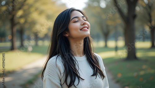 A young beautiful Indian woman is standing outside in a park in a white sweater and with her eyes closed is taking deep breaths and enjoying herself. Close-up, with isolated on transparents background