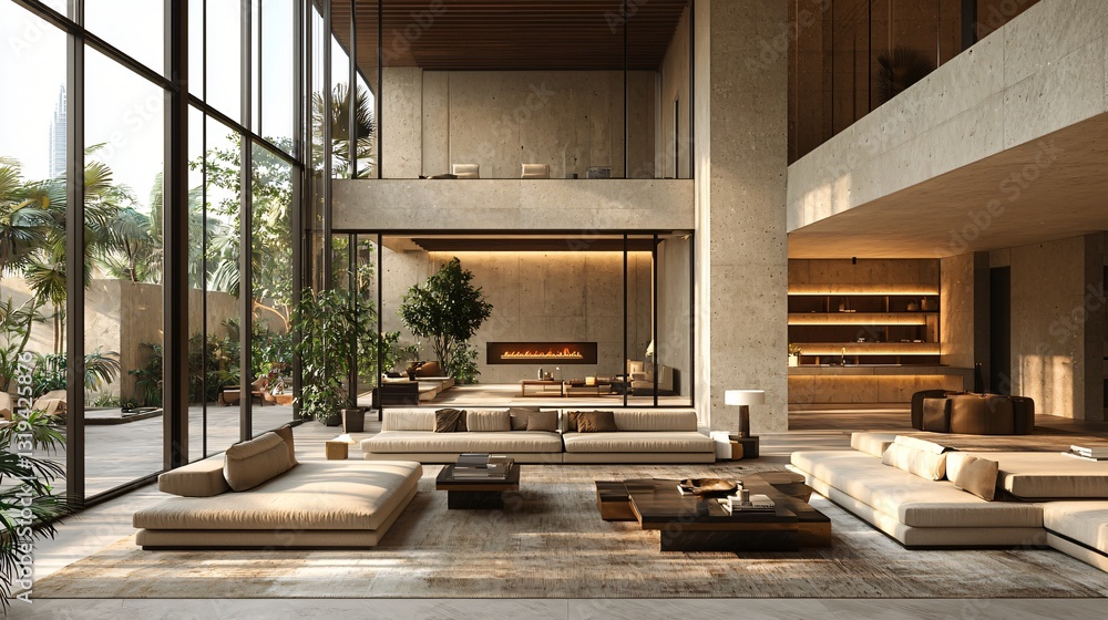 Elegant modern living room design with large windows, minimalistic furniture, and indoor greenery Elegant modern living room design with large windows, minimalistic furniture, and indoor greenery
