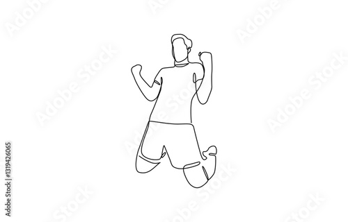 Continuous single one line art drawing of football soccer player celebrating, Match soccer goal celebration concept. Single line draw design vector graphic illustration.