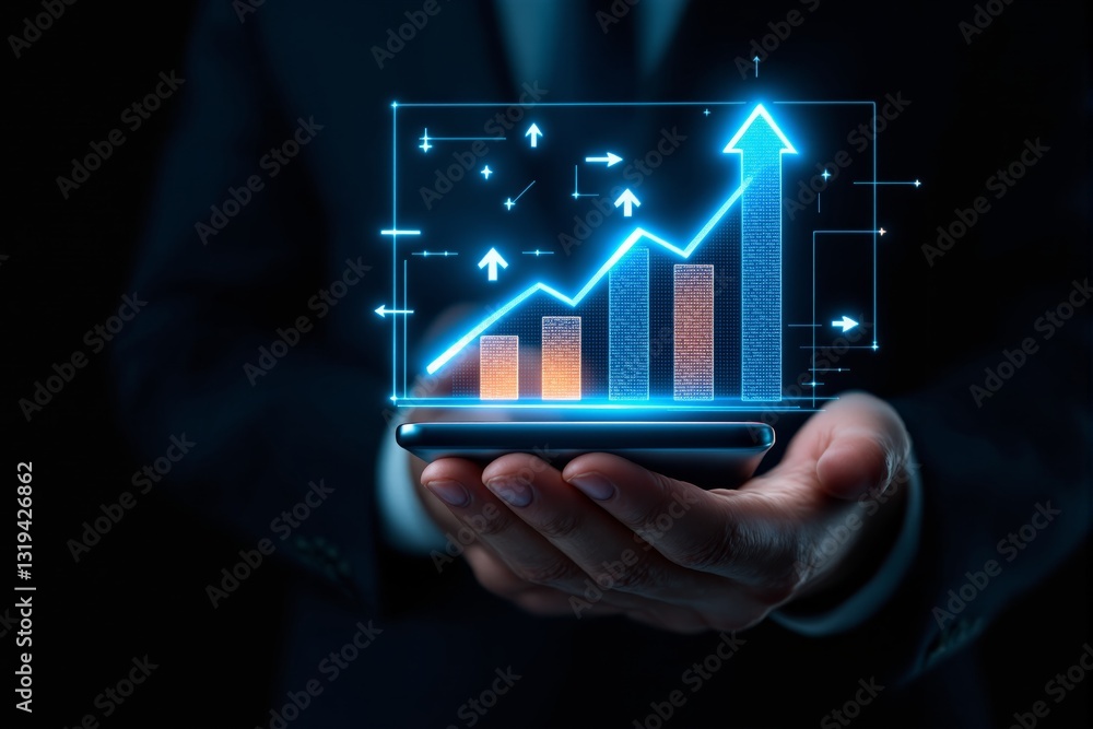 Digital graph and bar chart glowing in blue held on a smartphone in a businessman's hands, symbolizing growth, success, and financial analysis. Ai generative Digital graph and bar chart glowing in blue held on a smartphone in a businessman's hands, symbolizing growth, success, and financial analysis. Ai generative