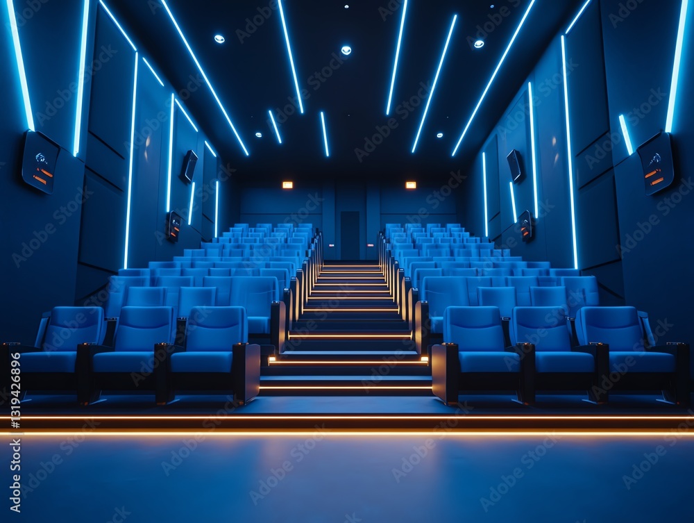 Obraz premium Modern cinema hall interior with empty blue seats and illuminated walls in a dark room, front view 3D Rendering