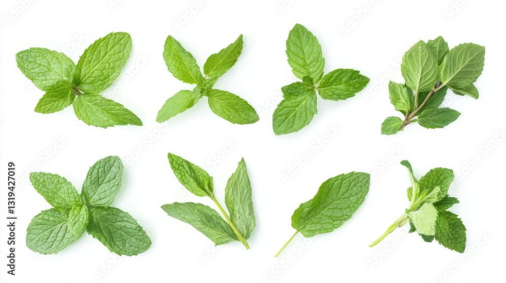 Fresh mint herb leaf collection isolated on white background, showcasing vibrant green leaves with detailed texture, ideal for culinary ingredients, herbal remedies, tea blends, aromatherapy, and natu Fresh mint herb leaf collection isolated on white background, showcasing vibrant green leaves with detailed texture, ideal for culinary ingredients, herbal remedies, tea blends, aromatherapy, and natu