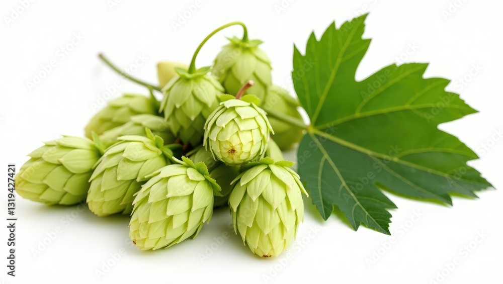 Obraz premium Hops and hop leaves set against a white background. Collection with a clipping path.