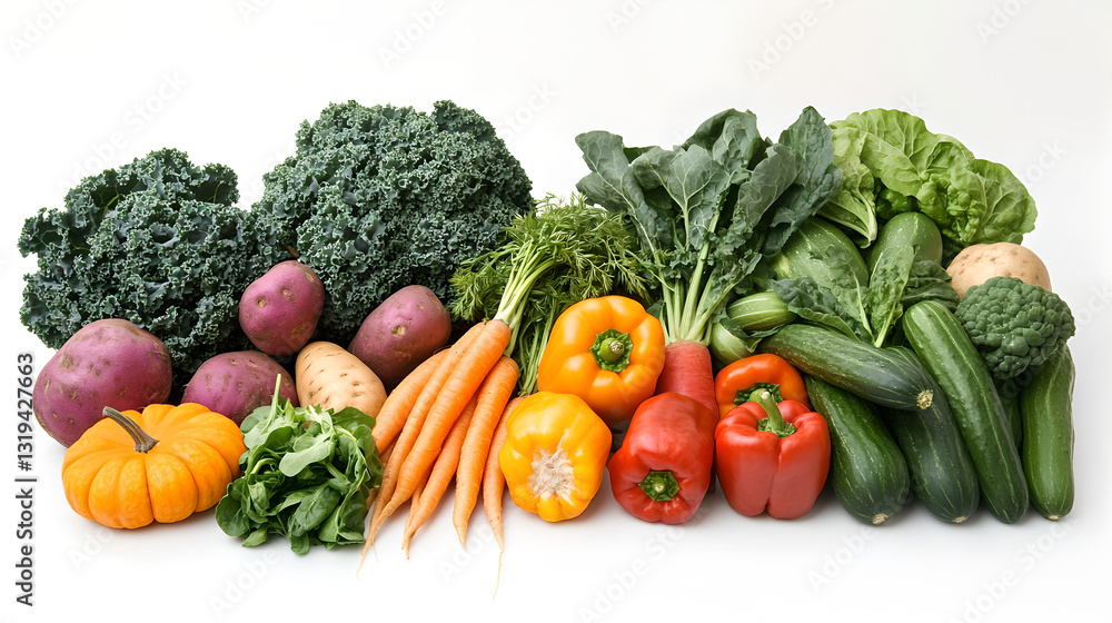Fresh vegetables including tomato, broccoli, cucumber, cabbage, and more isolated on a white background Fresh vegetables including tomato, broccoli, cucumber, cabbage, and more isolated on a white background