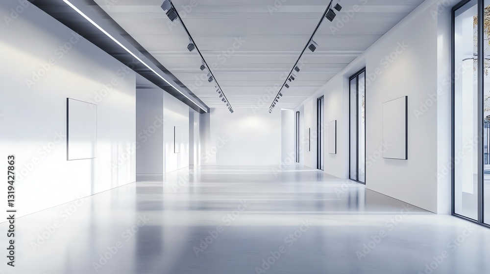 Modern empty gallery with white walls and industrial ceiling in clean minimalist design 3D Rendering Modern empty gallery with white walls and industrial ceiling in clean minimalist design 3D Rendering