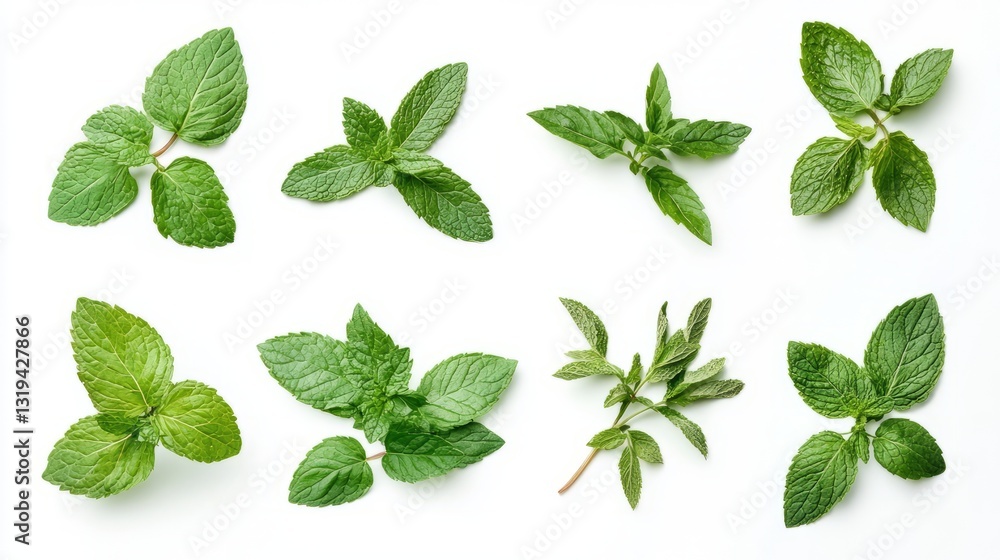 Fresh mint herb leaf collection isolated on white background, showcasing vibrant green leaves with detailed texture, ideal for culinary ingredients, herbal remedies, tea blends, aromatherapy, and natu Fresh mint herb leaf collection isolated on white background, showcasing vibrant green leaves with detailed texture, ideal for culinary ingredients, herbal remedies, tea blends, aromatherapy, and natu