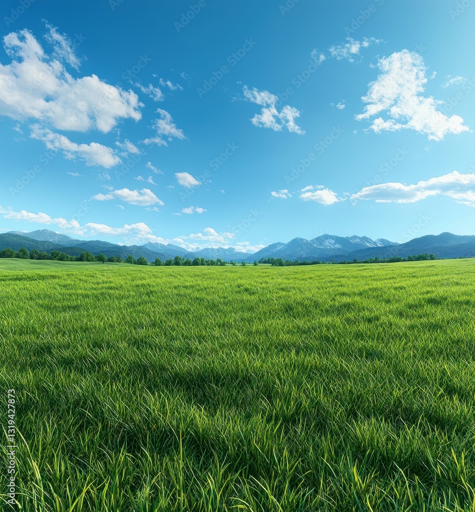 Expansive green meadow under a clear blue sky with fluffy white clouds and distant mountain range creating a serene natural landscape ideal for outdoor lovers Expansive green meadow under a clear blue sky with fluffy white clouds and distant mountain range creating a serene natural landscape ideal for outdoor lovers