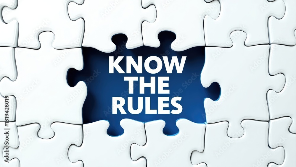 Symbol for Know the Rules. Concept words displayed on a white puzzle. Striking deep blue background. Business and concept. Space for text. Symbol for Know the Rules. Concept words displayed on a white puzzle. Striking deep blue background. Business and concept. Space for text.