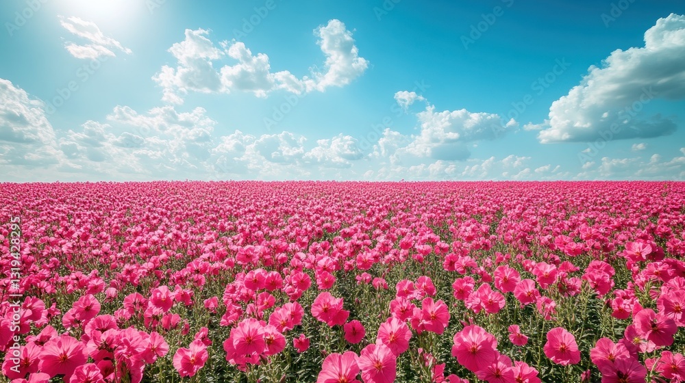 Fototapeta premium Vast expanse of vibrant pink flowers under a bright blue sky. A beautiful floral field