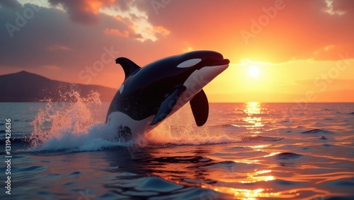 Killer whale jumping from ocean water with splashes