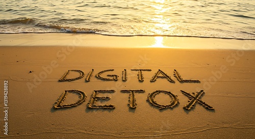 Digital detox message on the beach - promoting disconnection - for wellness campaigns.