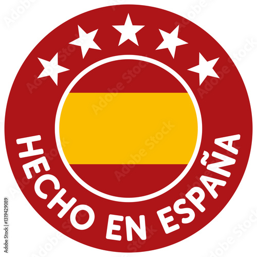  Insignia, pegatina o icono de 'Hecho en España' que simboliza la calidad y el origen de los productos españoles. Fondo en rojo. Vector ligero y escalable para la web.