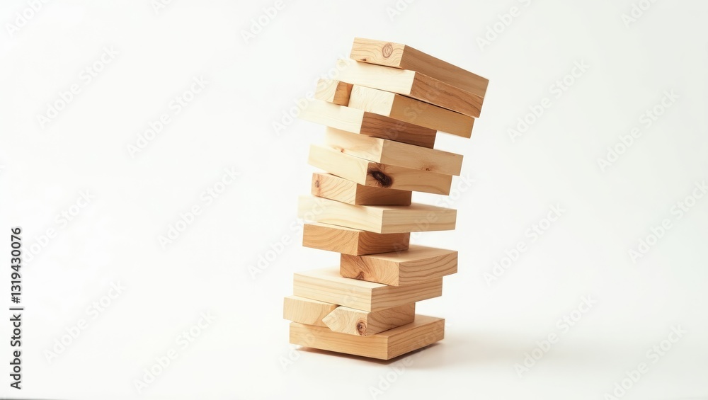 Jenga tower constructed from wooden blocks collapsing against a white background. Jenga tower constructed from wooden blocks collapsing against a white background.
