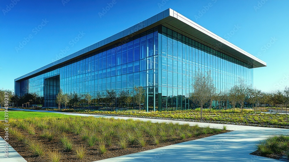Modern glass office building with landscaped grounds Modern glass office building with landscaped grounds