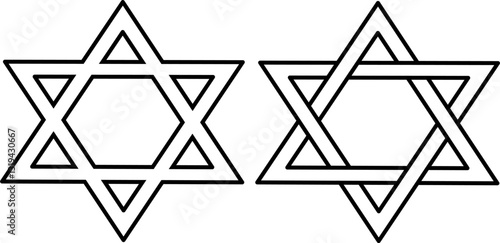 Vector illustration of two Star of David designs in thin line style. One features overlapping triangles, the other an interwoven structure