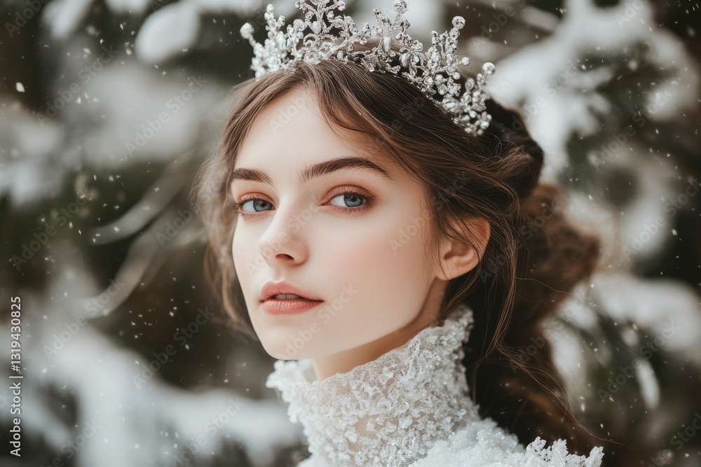 Majestic Snow Queen Enveloped in a Magical Forest, Radiating Beauty in Her Ice-Frosted Dress and Crown Majestic Snow Queen Enveloped in a Magical Forest, Radiating Beauty in Her Ice-Frosted Dress and Crown